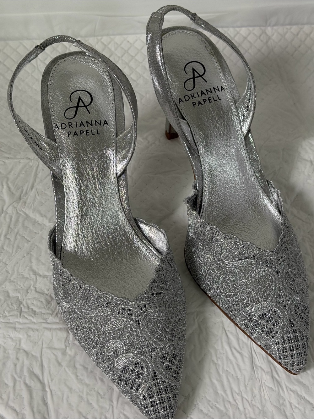 Adrianna Papell Silver Lace Pointed Slingback Heels